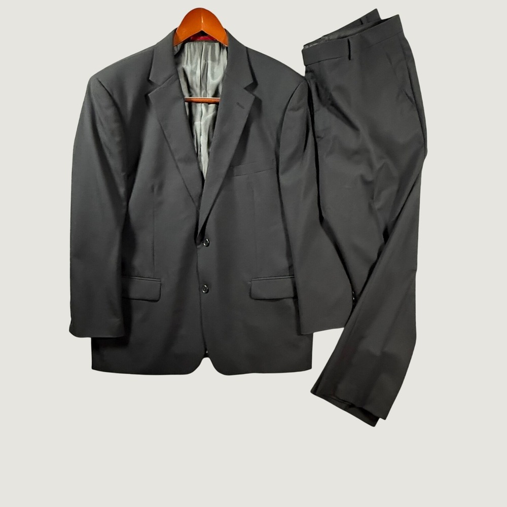Renoir Mens 2-Piece Suit 100% Wool Black 2-Button Vented Blazer Pants 44R 38W